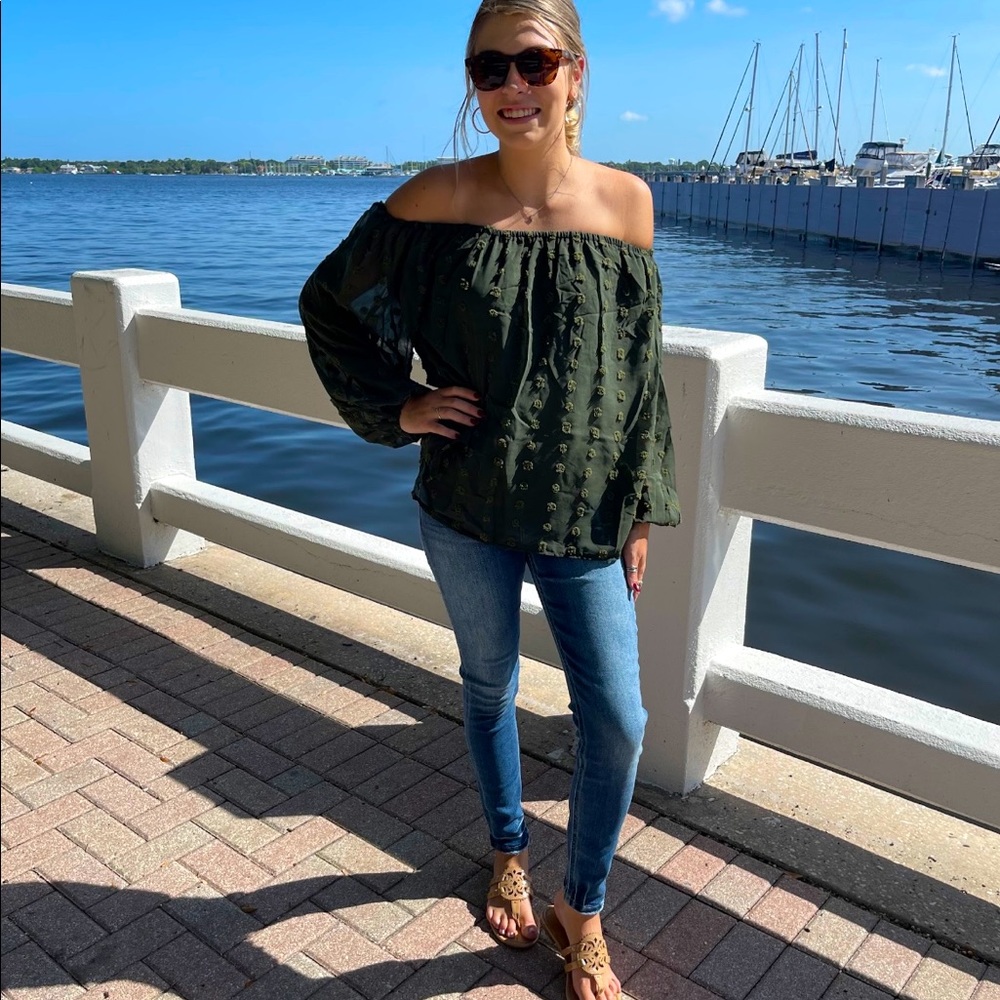 Green Off Shoulder Dotted Top